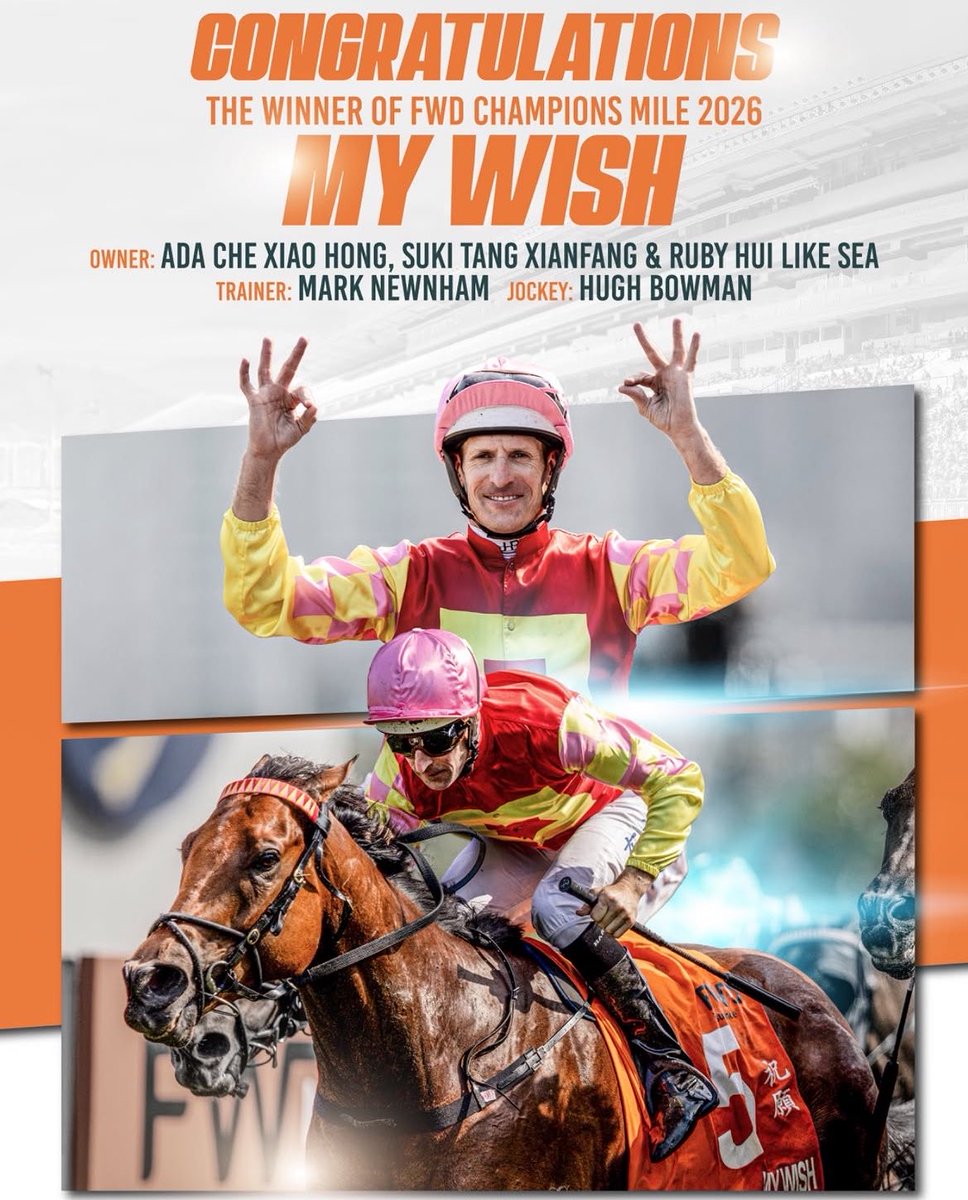 HKJC_Racing's tweet photo. So good, My Wish! 👌

#FWDChampionsDay | #HKracing https://t.co/UwcoA59gcn