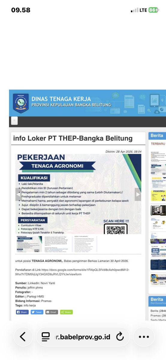 disnaker_babel's tweet photo. info Loker PT THEP-Bangka Belitung.

untuk posisi TENAGA AGRONOMI,. Batas pengiriman Berkas Lamaran 30 April 2026.
Pendaftaran di Link https://t.co/bQL7kxpIQb

https://t.co/oMI6YEBynZ

#disnakerbabel https://t.co/AwzhxVwSFx
