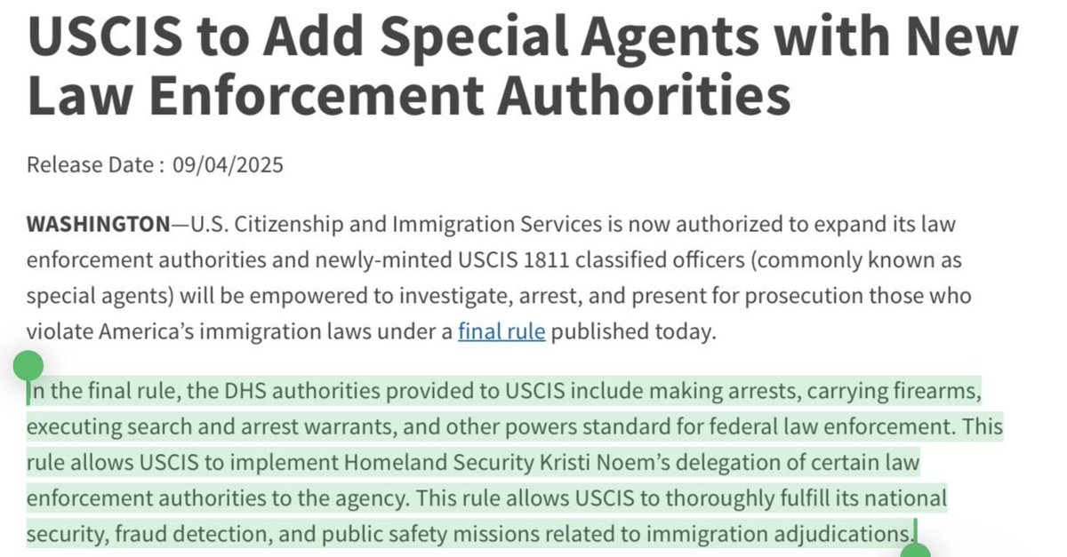 JBlunt1018's tweet photo. STRANGE: We’re now told USCIS personnel can make arrests, carry firearms, execute search warrants, and exercise federal law-enforcement powers.

USCIS was created on March 1, 2003, as a benefits-processing agency. It handles petitions, visas, green cards, naturalization, asylum, and humanitarian filings.

This is a major shift in the role of USCIS from adjudicating benefits to wielding policing powers.