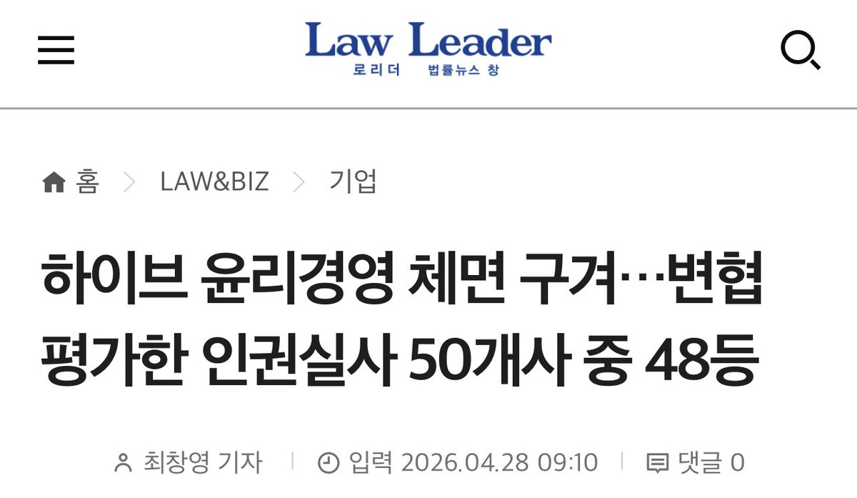 “HYBE’s Ethical Management Reputation Tarnished… Ranked 48th out of 50 Companies in Human Rights Due Diligence Evaluation by the Korean Bar Association”
lawleader.co.kr/news/articleVi…
Reporter Choi Chang-young, Law Leader

HYBE, widely known for BTS, ranked 48th out of 50 companies