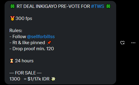 🍀 RT DEAL INKIGAYO PRE-VOTE FOR #TWS🍀

🏅 300fps

Rules:
- Follow <a href="/sellforbillss/">SELL FOR BILLS 🍀</a>
- Rt &amp; like pinned 📌 
- Drop proof min. 120

⌛ 24 hours 

— FOR SALE —
1300🩷 = $1/17k IDR 💸

#투어스 #NO_TRAGEDY #YouYou
