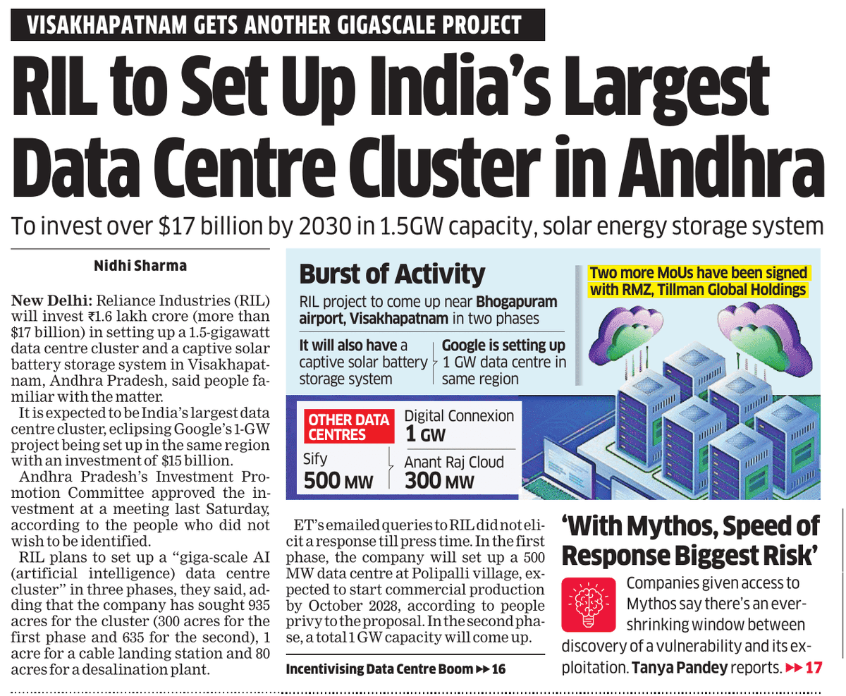 🚀Reliance taking $17 Billion bet on #AndhraPradesh &amp; #Vizag

🔸1.5 GW Data Centre + 6 GW Solar &amp; BESS to suport energy needs.
🔸Cable Landing Station + Desalination Plant at Vizag for data connectivity &amp; water supply.

Source: <a href="/EconomicTimes/">Economic Times</a> <a href="/nidhi_sharma/">Nidhi</a> 
#AndhraPradesh