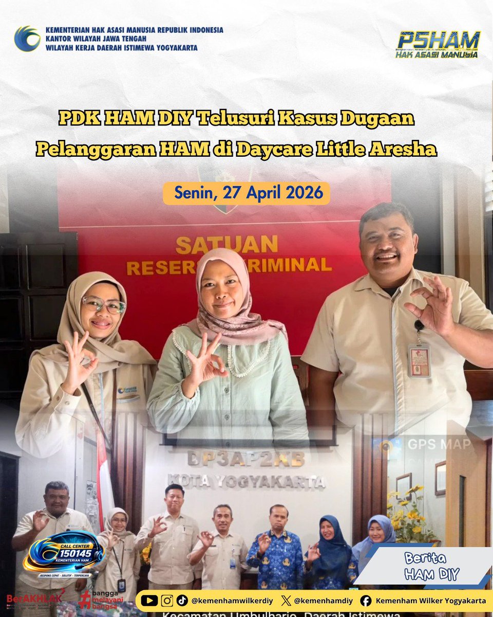 kemenhamdiy's tweet image. PDK HAM DIY telusuri dugaan pelanggaran HAM di Daycare Little Aresha Yogyakarta. Koordinasi &amp;amp; verifikasi dilakukan di Polresta, Kelurahan Sorosutan, dan DP3AP2KB, Senin (27/4). #dugaanpelanggaranham #daycare #littlearesha