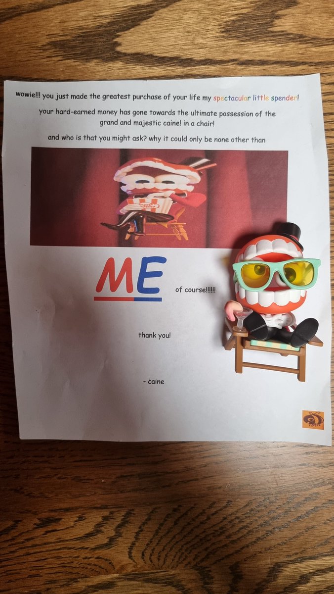 My caine figure arrived in the mail and im cRYING AT THIS NOTE IT CAME WITH??!?!?