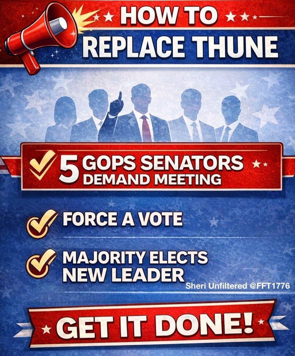 Jaclyndancer's tweet photo. Thune is currently blocking it, but 5 Senators can remove and replace him.

Stop blaming Thune and wasting President Trump's term.

Replace Thune, nuke the Filibuster and pass Trump's entire agenda, including appointing Trump's 200+ judicial nominees.

We elected all Republicans down ticket to pass the agenda we voted for.

Stop subverting the will of the people and REPRESENT US.