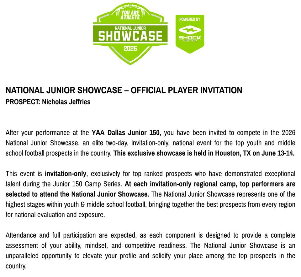 N_Jeffries3's tweet image. Honored to be invited to the 2026 National Junior Showcase in Houston, TX! 🏈
Grateful for the opportunity to compete with the best and continue proving myself.

Let’s work. 💪 #NationalJuniorShowcase #InviteOnly #NextUp