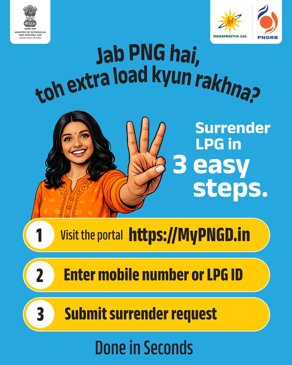 IGLConnect's tweet image. Jab PNG hai, toh extra load kyun uthana?

Switch smart.
Visit mypngd.in and surrender your LPG cylinder in just 3 easy steps.

Done in seconds.

#IGL #NonStopZindagi #CleanEnergyLife #PNGDrive #SmartSwitch #HassleFreeLiving