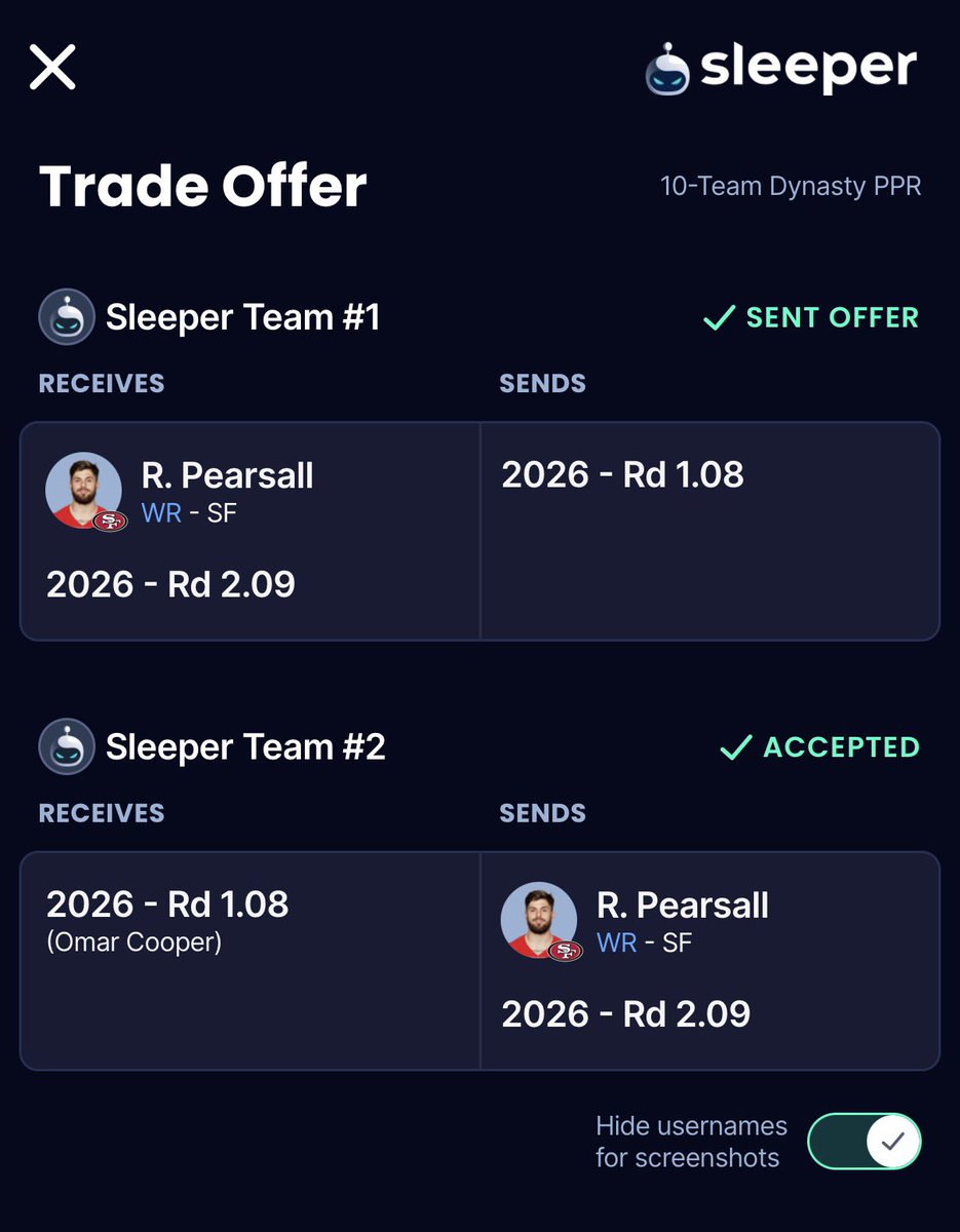 DHinesman's tweet photo. @zaxavage I still like Pearsall’s upside. I’m slim at WR and didn’t want to take Cooper or Boston. Also still holding 2.2 https://t.co/6cNSS4odqQ