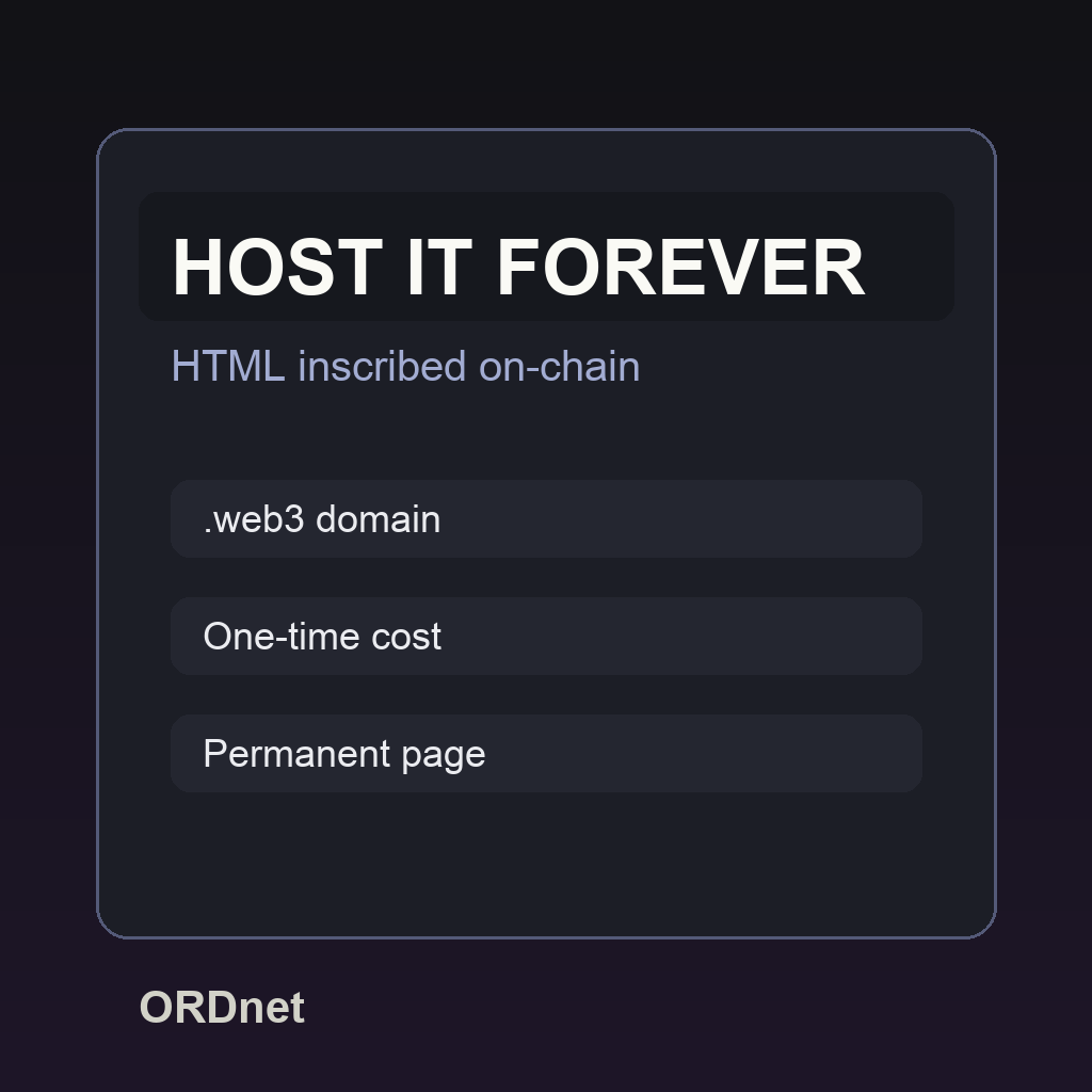 TrueWeb3Hosting's tweet image. Traditional hosting keeps charging rent for your own website. With ORDnet, your HTML is inscribed on the blockchain once and stays yours. #ORDnet #WebHosting #Web3 #Ownership