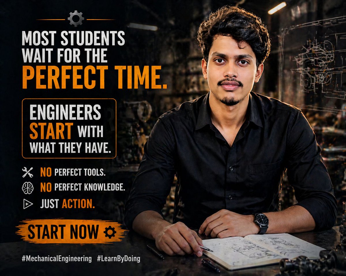 ShivamShiv91249's tweet image. Most students wait for the perfect time.

Engineers start with what they have.

No perfect tools.
No perfect knowledge.

Just action.

Start now ⚙️

#MechanicalEngineering #LearnByDoing