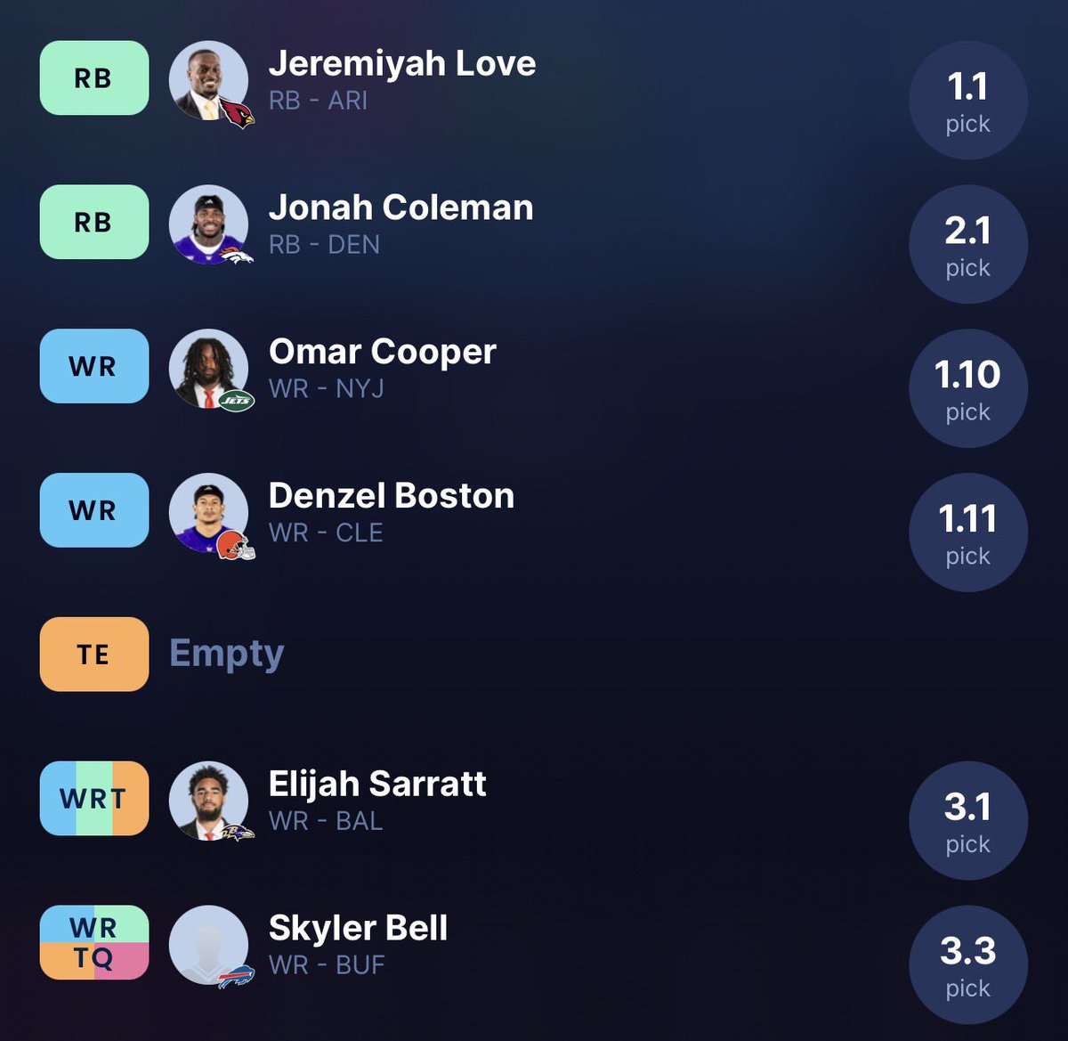 MFGAcommish's tweet photo. First dynasty superflex rookie draft of the offseason. 

Traded 2.08, Xavier Worthy, Rachaad White for 1.10.

Traded Joe Flacco, Jalen Coker, 4.11 for Geno Smith and 3.01

Remaining picks are 3.11 &amp; 4.03

Have two guys im targeting, but shall see if it pans out.

Why we #MFGA https://t.co/FLZ2NCKPGF