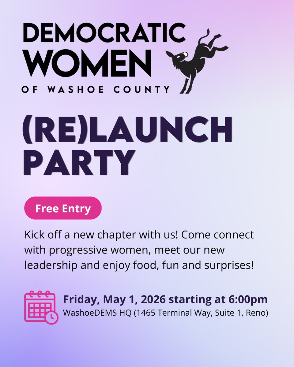 WashoeDEMS's tweet photo. Kick off a new chapter of the Democratic Women of Washoe County. Join them on Friday, May 1, 6:00 pm, at the WashoeDems HQ. https://t.co/VhCectQe7Q