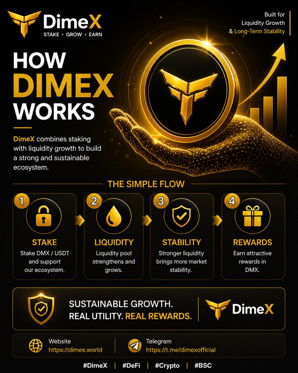 DimeXGlobal's tweet photo. 🚀 How DimeX Works
Stake → Liquidity → Stability → Rewards
Building a strong DeFi ecosystem step by step.
🌐 https://t.co/qjUR1ya7rR
📢 https://t.co/U0wDnLItrv
#DimeX #Crypto #DeFi https://t.co/oXYrg2R5Vs