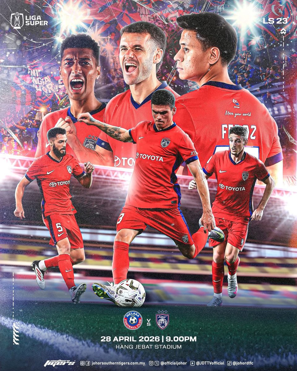 OfficialJohor's tweet image. It’s matchday!

⚽ MELAKA FC vs JDT
🏆 Liga Super 2025/26
🏟 Hang Jebat Stadium, Melaka
🕘 21:00

#LigaSuper
#WhatCanYouDo
#TheTMJeffect
#SouthernTigers
#JDTforAll