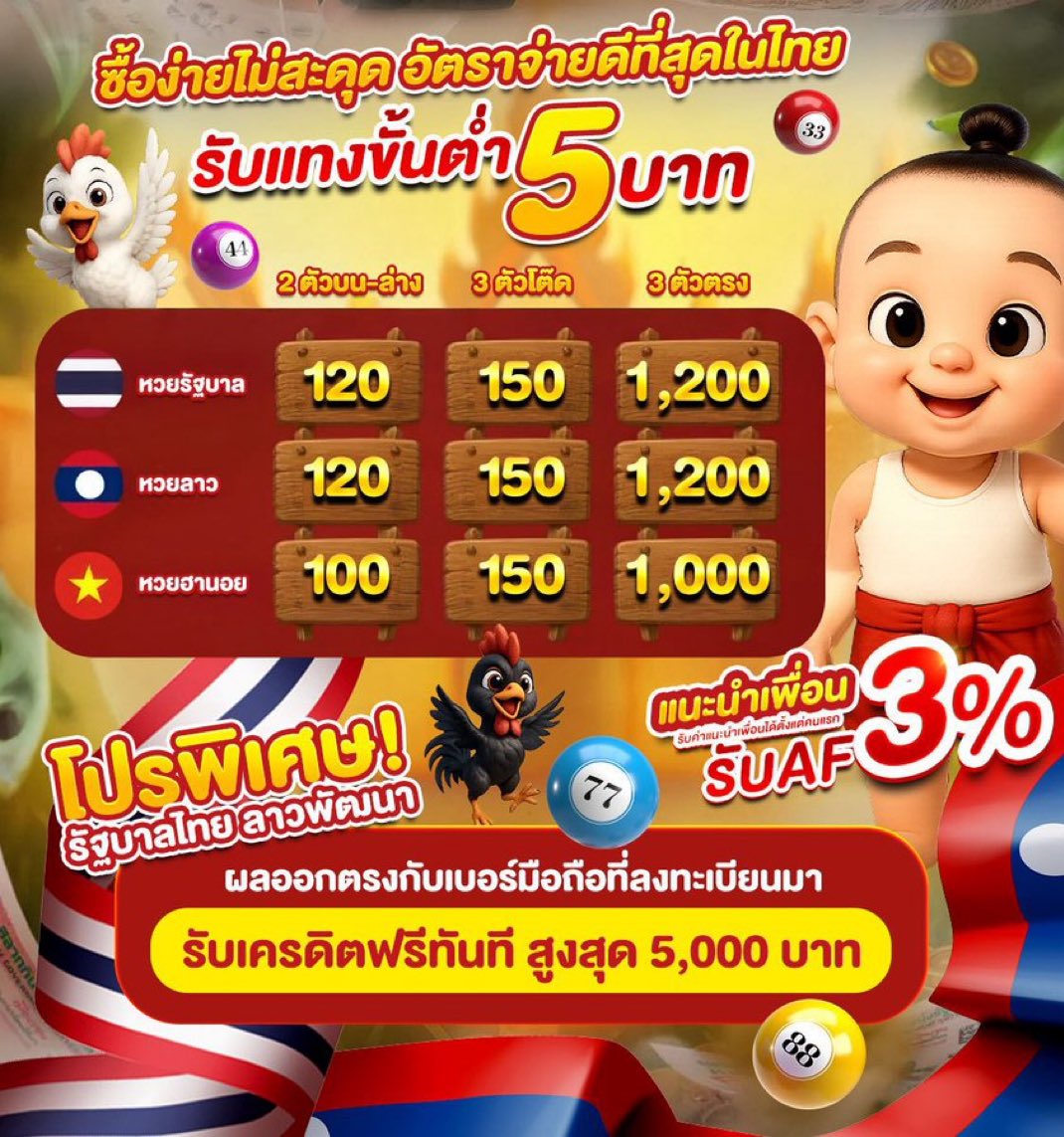 แทงหวย จ่ายเต็ม เลข 2 ตัว 120 เลข 3 ตัว 1200 tweet media