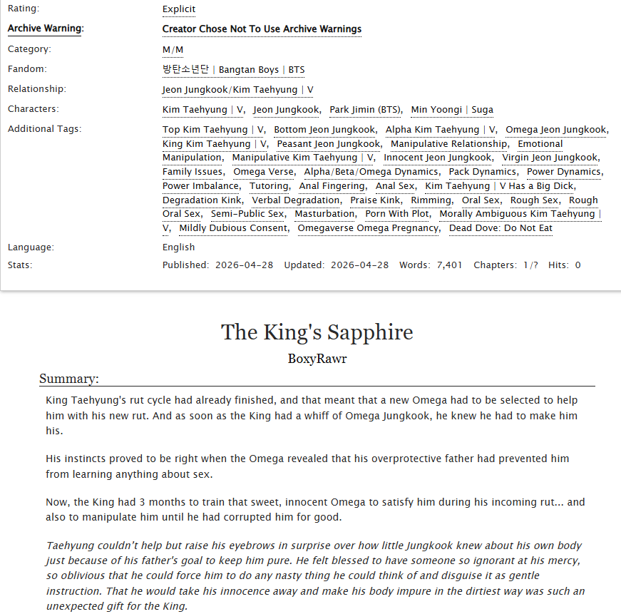 #taekookau ⁠
| The King's Sapphire | - Ongoing
👑Manipulative Alpha King TH x Innocent Omega Peasant JK 
👑Morally gray Taehyung 
👑Pwp 
👑READ THE TAGS
archiveofourown.org/works/83888261…