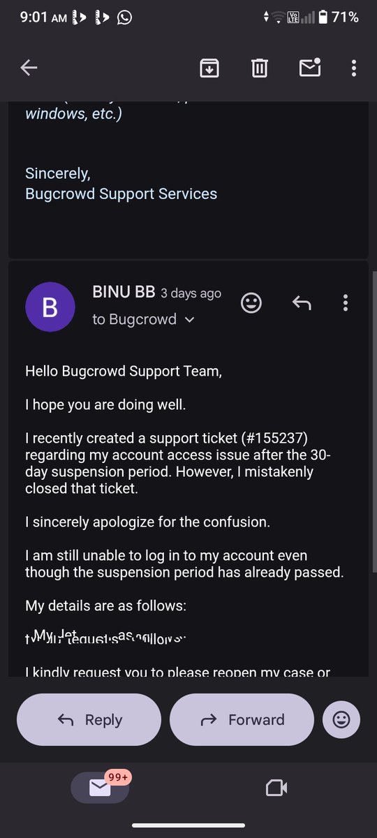 CypherBinu's tweet image. My Bugcrowd account (Mr_binu_bb) was suspended for 30 days. Time is over but still no access.

Some bounties are pending too.

Ticket #155237
@Bugcrowd @BugcrowdSupport please check 🙏

Please repost 🔁
@lostsec_  
@NullSecurityX
@theXSSrat

#bugbounty #infosec