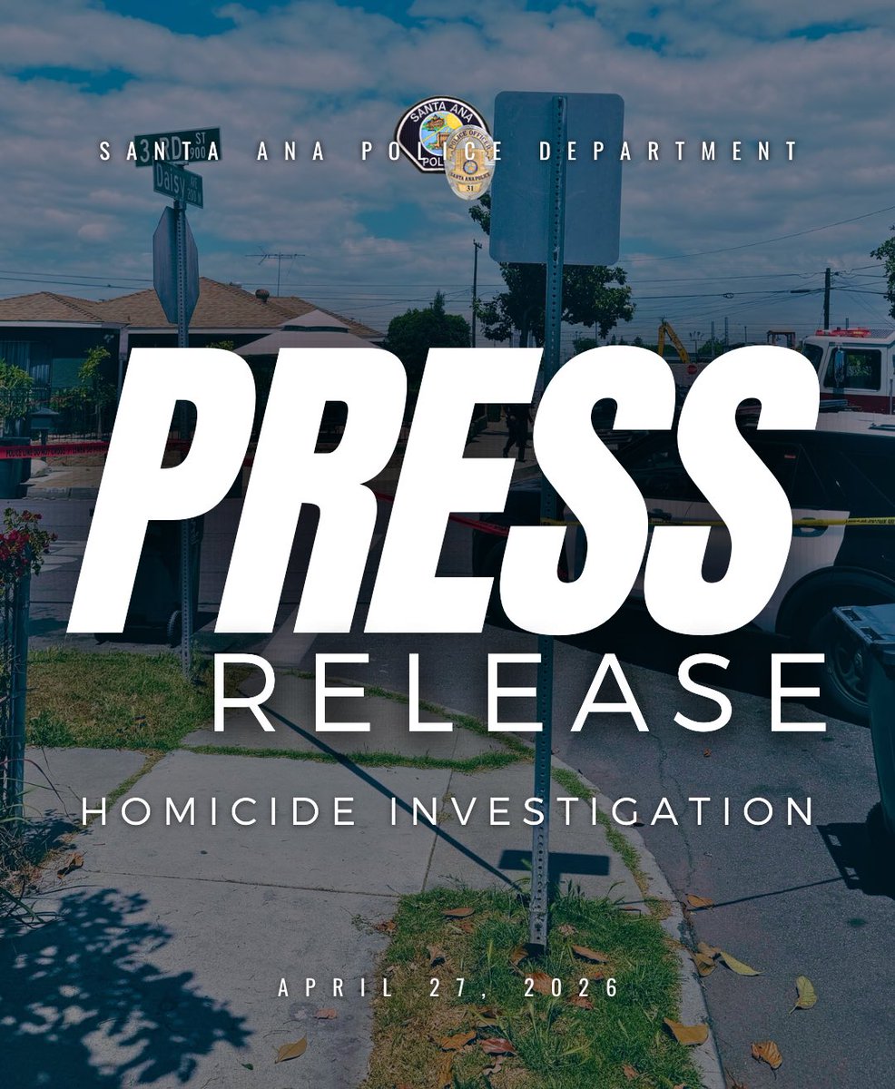 SantaAnaPD's tweet image. #SantaAnaPD #PressRelease Homicide Investigation (April 27, 2026) – Santa Ana Police Detectives are conducting a homicide investigation regarding a 58-year-old man who was shot and killed.

On Monday, April 27, 2026, at approximately 12:30 p.m., Santa Ana Police officers