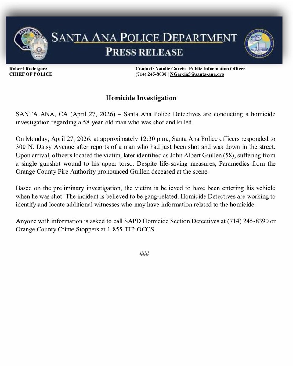 SantaAnaPD's tweet image. #SantaAnaPD #PressRelease Homicide Investigation (April 27, 2026) – Santa Ana Police Detectives are conducting a homicide investigation regarding a 58-year-old man who was shot and killed.

On Monday, April 27, 2026, at approximately 12:30 p.m., Santa Ana Police officers
