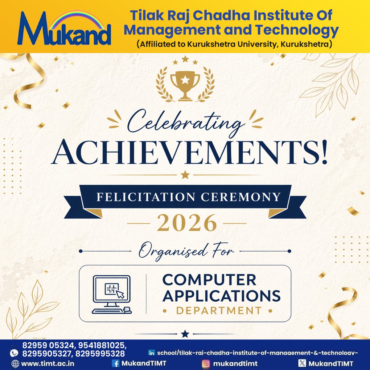 MukandTIMT's tweet image. TIMT proudly presents the Felicitation Ceremony 2026 for the Computer Applications Department, celebrating achievements, dedication and academic excellence.
Honouring the students and faculty who continue to set new benchmarks of success.
#TIMT #AcademicExcellence #StudentSuccess