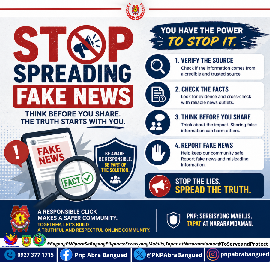PNPAbraBangued's tweet image. 𝓢𝑇𝓞𝓟 𝓢𝓟ℛ𝓔𝓐𝓓𝓘𝓝𝓖 ℱ𝓐𝓚𝓔 𝓝𝓔𝓦𝓢

#BagongPNPparasaBagongPilipinasSerbisyongMabilisTapatatNararamdaman
#ToServeandProtect
#procar