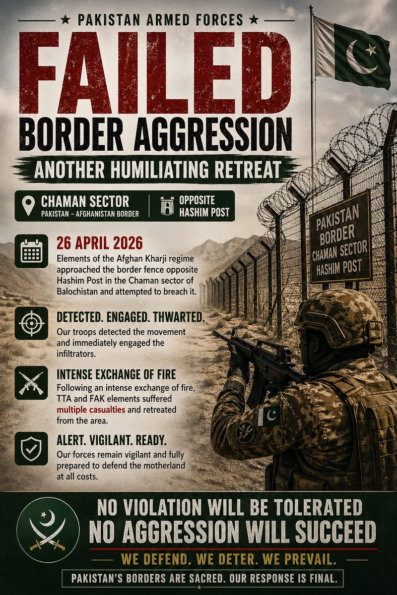 DaoodBaloc87153's tweet image. FAILED BORDER AGGRESSION: ANOTHER HUMILIATING RETREAT

Chaman Sector, Pakistan–Afghanistan Border,Vigilance enforced. Infiltration thwarted. Sovereignty defended.
:
#BorderSecurity
#NationalSecurity
#PeaceAndStability
#SecurityUpdates
#RegionalStability
#FactBasedReporting