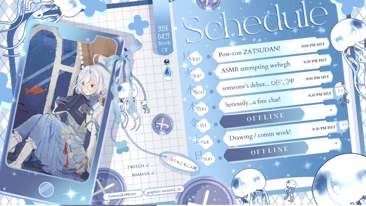SometsukeMezzo's tweet photo. 🗓️ SCHED. APR 27 - MAY 3 2026 🎏 
𓇼 ⋆.˚ 𓆝⋆.˚ 𓇼  

Long time no schedule, uminekotachi! It's a super normal week! Yep, yep! 🍎 Let's try and finish off the month strong!

🔭 gen: #somemezzo
🎏 art: #mezzart
✍️ writing: #poetsuke https://t.co/aWMf2UoPYe