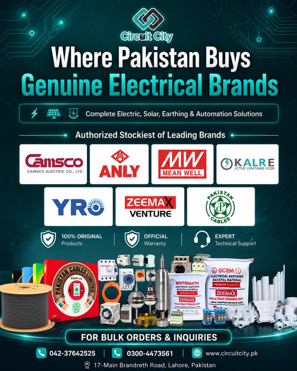 AbbasChughtai12's tweet image. In a market full of compromises, we stand for authenticity.

circuitcity.pk

*Circuit City Sy Lo, Original Milta Hai.*

17-Main Brandreth Road, Lahore. 
04237642525, 03004184561

#CircuitCity #Camsco #ANLY #YRO #Zeemax #GCEM #Bentoearth #MeanWell #PakistanCables #Kalre