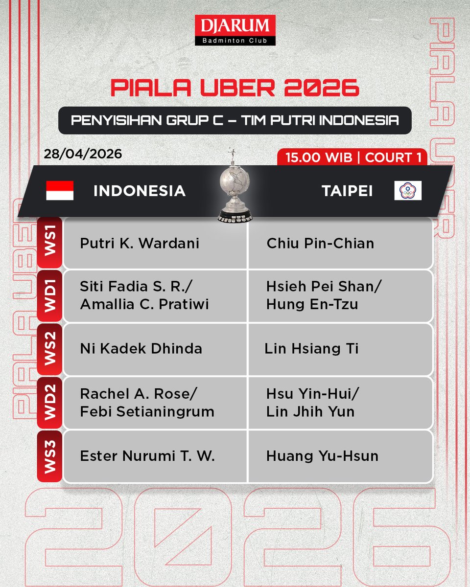 PBDjarum's tweet image. Berikut line up tim Uber Indonesia melawan tim Taipei di hari terakhir babak penyisihan Grup C Piala Uber 2026 sore ini yah, Sobat! Pertandingan pertama mulai Pk 15.00 WIB, live streaming di Vidio.

Yuk, bisa yuk! 👏🔥

#TUC2026 #tournament #TeruskanSemangatJuara