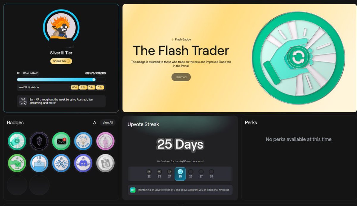 my_kittisak's tweet image. Grinding never stops ⚡🔥
From Silver III → aiming higher every day

Flash Trader badge ✅
25 days streak 🔥
XP loading...

@AbstractChain @AbstractChainTH making it addictive ngl 👀
Who’s still grinding with me? 🚀

#Abstract #Web3 #XP
