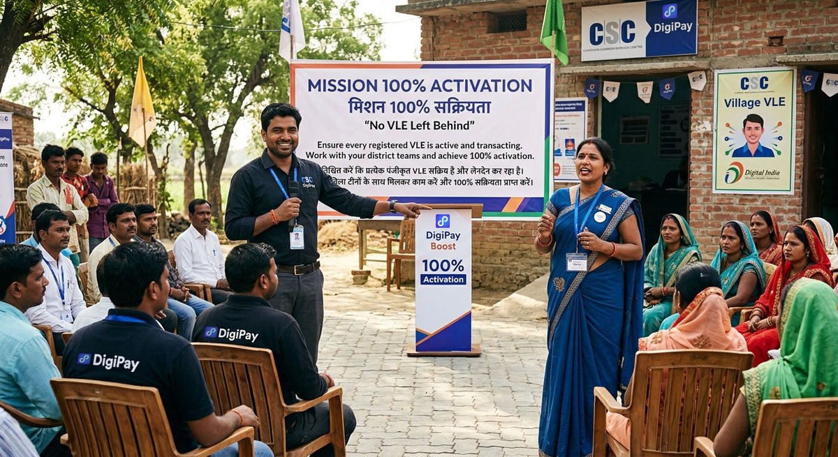 uditsharma60's tweet image. #DigiPay #Mission 100% #Activation
“No VLE Left Behind”
Ensure every registered VLE is active and transacting. Work with your district teams and achieve 100% DigiPay activation.
#csc #DigPay #CashDeposit #AePs #Meity #DigitalIndia #Target #ActiveVLEs #Teamwork