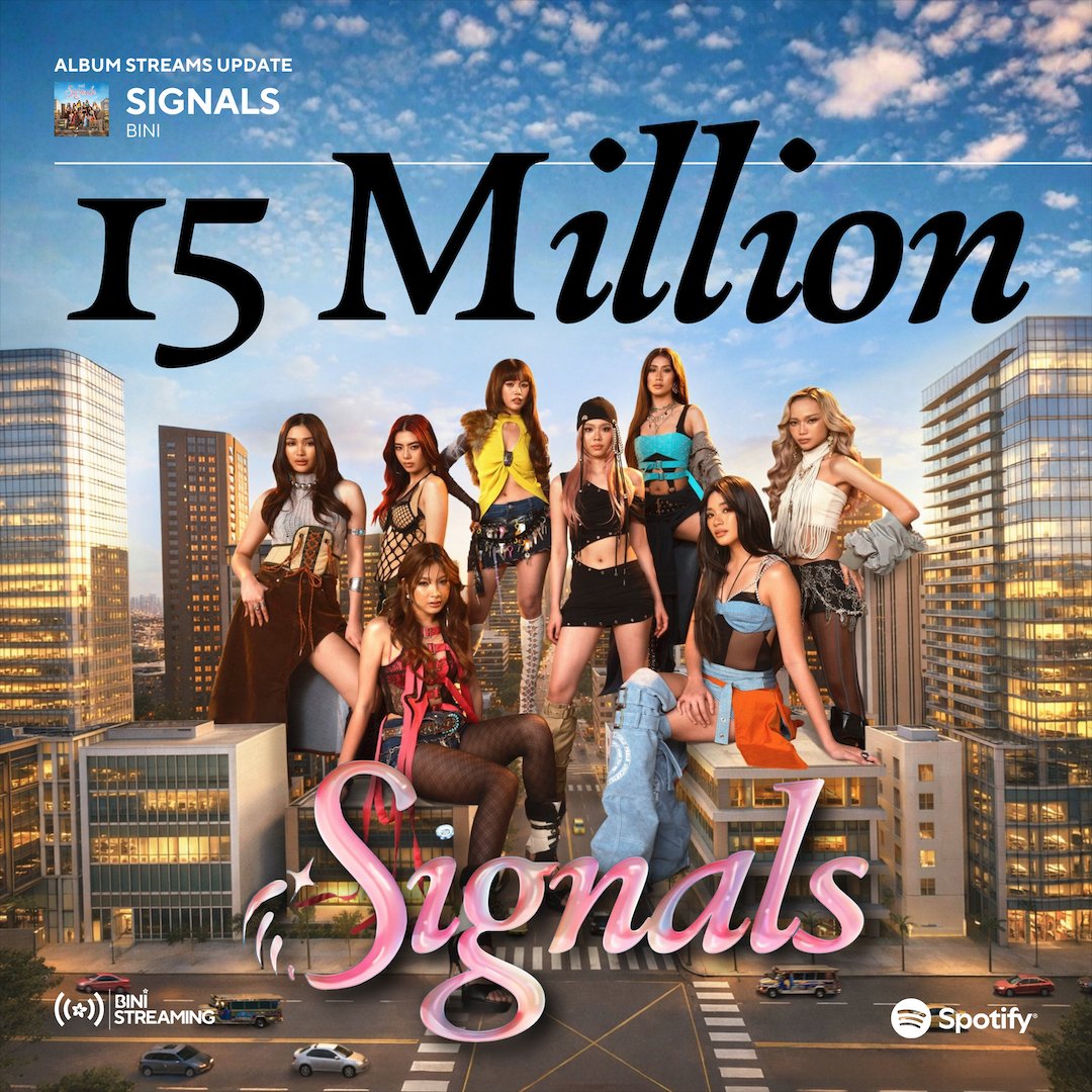 BINI's 'Signals' EP has amassed over 15 MILLION total streams, with all tracks surpassing the 1.2 MILLION mark! 📡✨

Stream the EP here:
🔗 orcd.co/bini_signalsep

SIGNALS 15M SPOTIFY STREAMS

#BINI_SignalsEP #BINI