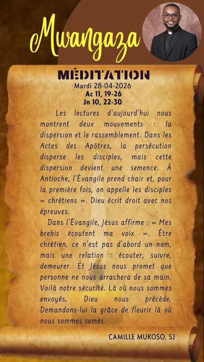 JesuitesACE's tweet image. Méditation du mardi 28 avril 2026 (4e semaine de #Pâques) avec le Père Camille Mukoso.
