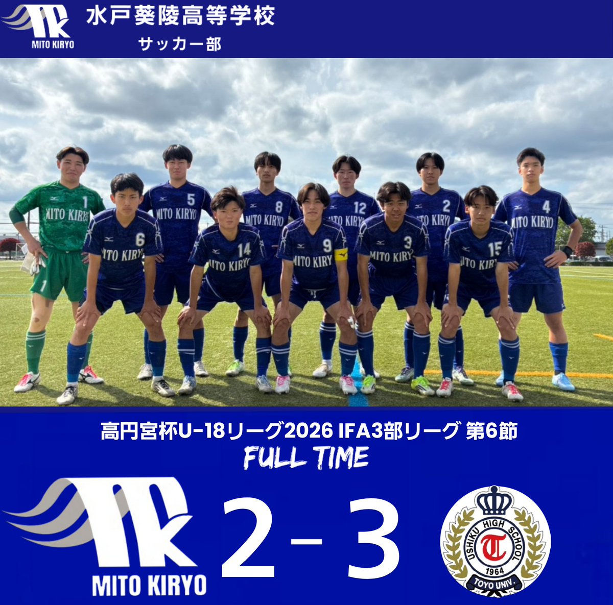 Kiryo_310's tweet photo. 🔷TOPチーム
🏆 IFA1部リーグ第6節
🆚 霞ヶ浦
１-２

〖得点〗
18.石田篤希
👉https://t.co/GTROv6eyMl

🔷2ndチーム
🏆IFA3部リーグ第6節
🆚 東洋大牛久Ｂ
２-３

〖得点(アシスト)〗
6.小泉直人（14.小室陽稀）
7.打越陽聖（11.金澤璃久）
👉https://t.co/dluaGZt5Ir

#水戸葵陵 #サッカー https://t.co/cGuw05rbJL