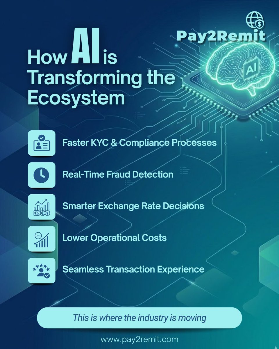 Pay2Remit's tweet photo. AI is Redefining Cross-Border Remittances | The Future of Global Payments

At Pay2Remit, we’re not just adapting—we’re building the future.
A future where businesses scale globally, securely, and effortlessly.

🌐 https://t.co/HIGdEpV5LZ

#Pay2Remit #CrossBorderPayments https://t.co/kuc3K2ucLj
