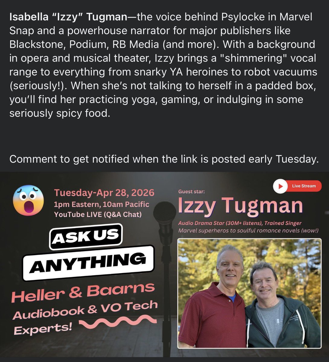 izzyvoiceover's tweet photo. Tomorrow! 🚨 I’m throwing myself into the fire with an ‘Ask Me Anything’ alongside audiobook superstar Johnny Heller and Tech Wizard Don Baarns — all while running on morning brain 🧠! (Always an adventure to see what comes blundering out before I’m fully caffeinated ☕️😅) https://t.co/Rw3NC55YeQ