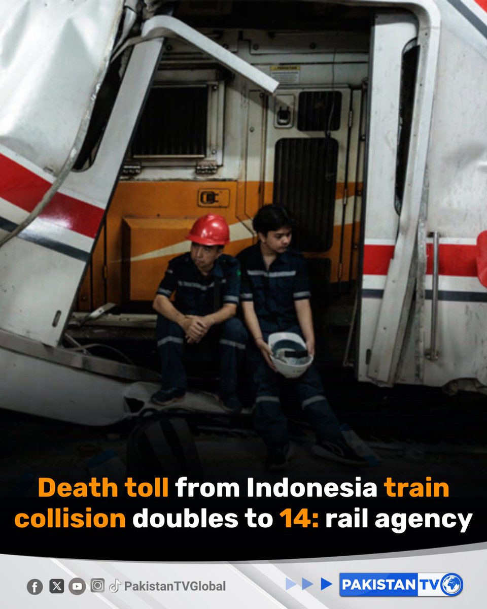 PakTVGlobal's tweet image. The death toll from an overnight collision between two passenger trains outside Jakarta has doubled to 14, the state-owned KAI rail company said on Tuesday.

#Indonesia #TrainCollision #Jakarta #BreakingNews #PakistanTV