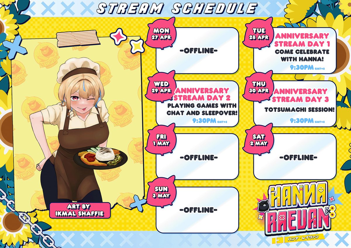 hanna_raevan's tweet photo. Sorry for being late with the schedule! But this week we’re gonna celebrate my 1 year anniversary and it’s gonna be for THREE DAYS starting today! 

Let’s have fun!! 🎉💙

🎨: @/IkmalShaffie https://t.co/rRKDwBybph