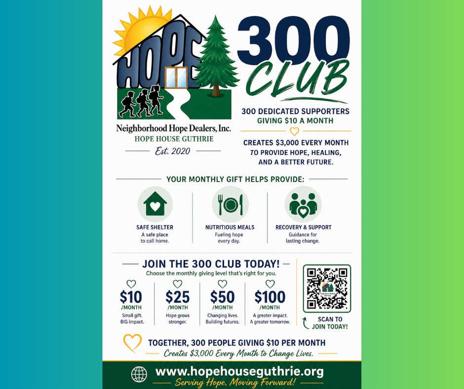 HopehouseGuth's tweet image. 300 people.
$10/month.
$3,000 changing lives.
Be one of the 300. 💛
📲 Scan the QR code
🌐 hopehouseguthrie.org

#300Club #GiveBack #HopeHouseGuthrie