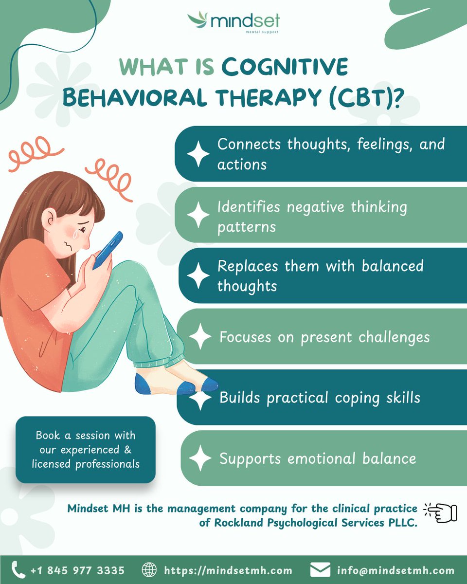 mindsetsupport's tweet image. What is CBT?

It helps you connect thoughts, feelings &amp;amp; actions, identify negative patterns, and replace them with healthier thinking—while building real coping skills.

Start your mental wellness journey today:
 mindsetmh.com

#MentalHealth #CBT #MindsetMH #Wellbeing