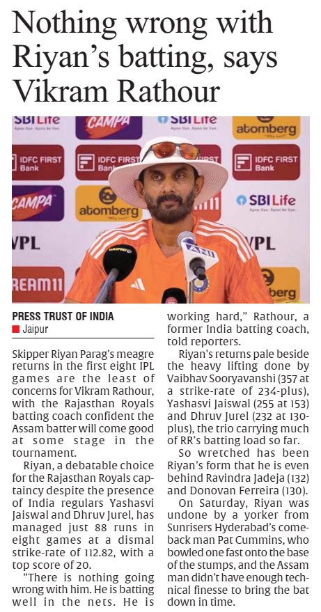 RoaringOpinion's tweet image. Vikram Rathour says there's nothing wrong with Riyan Parag's batting —he's working hard in the nets. 🏏

But the numbers tell a different story: 88 runs in 8 IPL games at a strike-rate of 112.82

#IPL2025 #RajasthanRoyals #RiyanParag