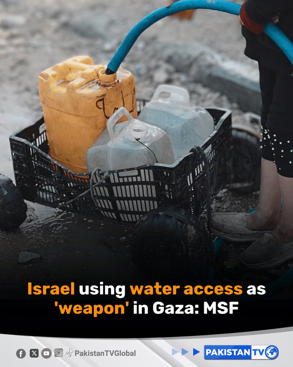PakTVGlobal's tweet image. Israeli authorities are systematically depriving people in Gaza of the water they need to live, Doctors Without Borders warned Tuesday, decrying a campaign of "collective punishment" against Palestinians.

#GazaCrisis #IsraelGaza #HumanitarianCrisis #MiddleEast #PakistanTV