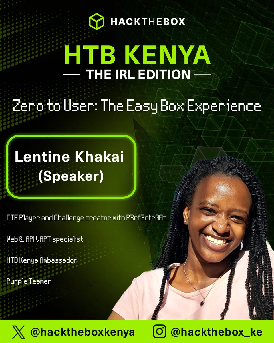 🚨 Speaker Announcement #3🚨

Lentine Khakai will be leading the easy lab track✅️

Learn the process → enum → exploit → think like an attacker

Perfect place to start if you are a beginner🔥

#HTBKenya #HTB #Cybersecurity #Kenya