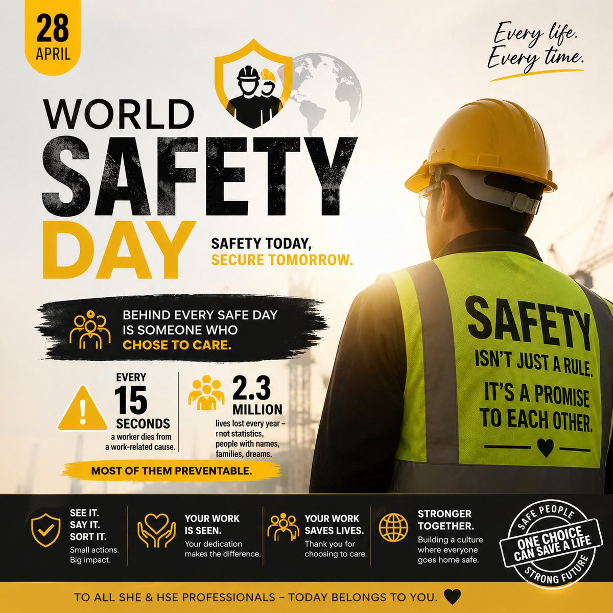 Diamondigtals's tweet photo. Today is World Safety Day 💛
Not all heroes make headlines, some prevent them.
Because of you, someone got home safe today.
Every check, every stop, every “this matters” protects lives. To every SHE/HSE professional, we see you. We thank you. #trendingtopic #worldheroes #BBCWorld https://t.co/Q3YHdoIckK