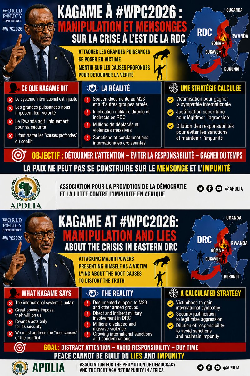 TheoMpoze's tweet image. 🚨📢 ATTENTION AUX MANIPULATIONS DE PAUL KAGAME DURANT #WPC2026.

#PaulKagame détourne l’attention en attaquant les grandes puissances et en parlant de “causes profondes”, alors que c'est lui-même qui est la cause profonde de l'insécurité à l'Est de la #RDC pendant plus de 30