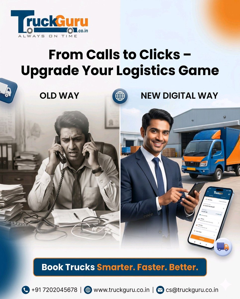 TruckGuruindia's tweet image. 📦 Upgrade your logistics from calls to clicks! Embrace the smart digital way with TruckGuru for faster,

Book Now :truckguru.co.in/transporter-in…

🌐 truckguru.co.in 

📞 +91 7202045678 

#TruckGuru #SmartLogistics #CalltoClick #EffortlessTransport