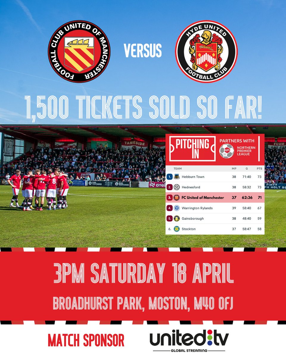 🤔 Got your ticket yet?

🤝 Thanks to 1⃣5⃣0⃣0⃣ fans who've bought tickets for Saturday's crucial match.

🇾🇪 We're expecting a big crowd for our last game at Broadhurst Park this season as the Reds chase the title.

🎟️ Help us plan ahead by buying yours!

📲app.fanbaseclub.com/Fan/Tickets/Se…