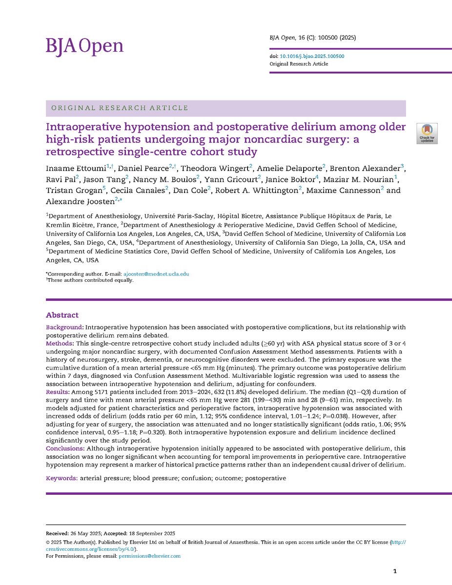 BJAJournals's tweet image. In major non-cardiac surgery patients, intraoperative hypotension initially appeared associated with post-op delirium, but not after accounting for temporal advances in perioperative care and fewer hypotensive episodes #OpenAccess bjaopen.org/article/S2772-…
