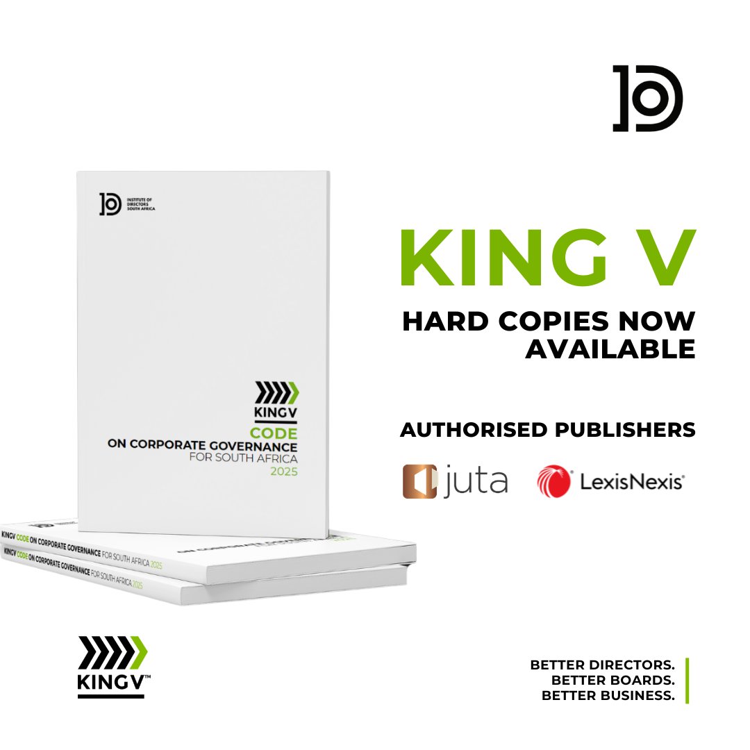 The_IoDSA's tweet photo. The King V Report is now available in hard copy, a pocket-sized via @Juta_ZA and A4 via @LexisNexisZA. Purchase your official copy through authorised publishers. https://t.co/UIle8gBwJx
#KingV #CorporateGovernance https://t.co/pLPIHcSlcY