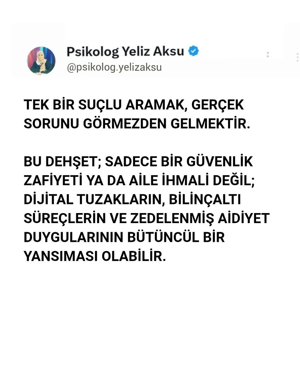 Psikotisyen's tweet photo. Bugünlerde herkes bir suçlu arıyor kimi aileyi, okulu, kimi denetimsizliği..
Milletimizin başı sağ olsun. Söylenecek çok şey, yapılacak çok iş var...
Dışarıdaki silahı almak sadece bir yöntemdir, ama o tetiği çektiren içsel boşluğu fark edip iyileştirmek asıl çözümdür. https://t.co/qbPfqXelAL